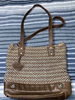 Myra Bag Brown Woven Tote with Leather Trim